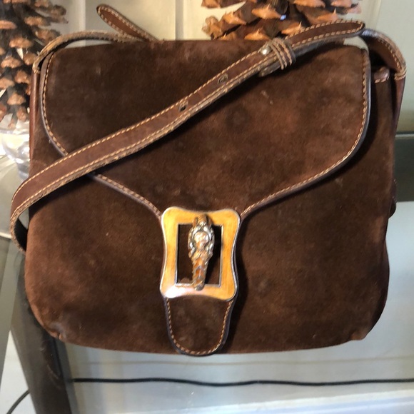 Gucci Handbags - Rare 1960’s Gucci Tiger Head Brown Suede Crossbody